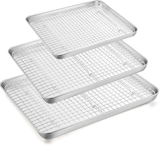 TeamFar Stainless Steel Baking Sheet with Rack Set, 17.6/16/12.5 Inch Cookie Sheets Baking Pans and Cooling Racks for Cooking Serving, Non-Toxic & Heavy Duty, Dishwasher Safe, 6 PCS (3 Pans + 3 Racks)