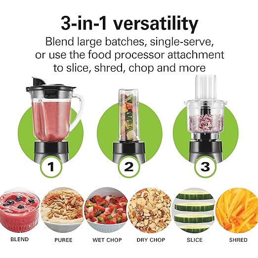 Hamilton Beach Blender and Food Processor Combo for Shakes & Smoothies, With 3 Cup Electric Food Chopper Attachment, 40 oz Glass Jar, Blender Travel Cup, 700 Watts Peak Power, Gray & Black (58163)