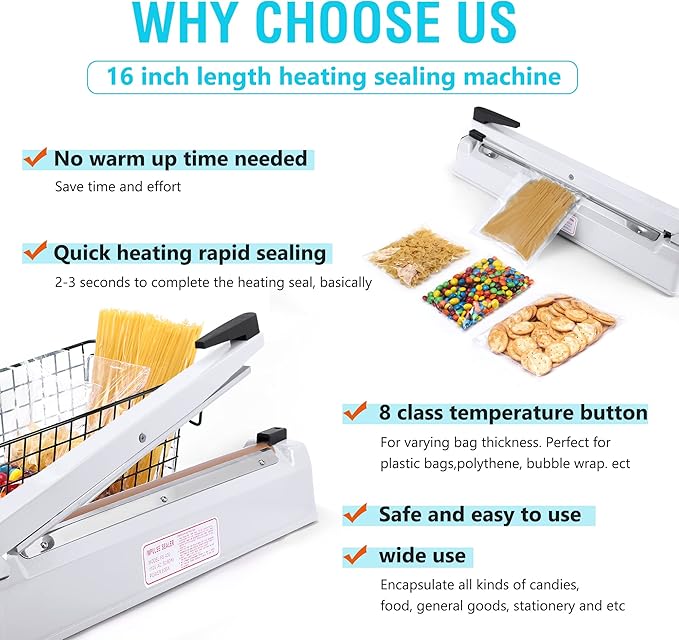 Metronic 16 inch Impulse Sealer, Manual Heat Sealer Machine for Plastic bags, Shrink Wrap Bags Sealer Heavy Duty Sealing Machine with Repair Kit, White
