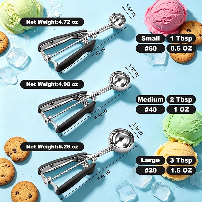 Cookie Scoop Set of 3,Black Cookie Scoops for Baking with Engraved Sizes,18/8 Stainless Steel Ice Cream Scoop with Non-Slip Soft Rubber Handles,Dough Scoopers for Cupcakes,Meatballs,Muffins