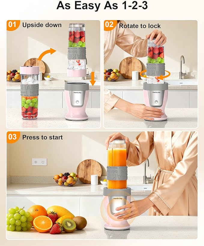 Smoothie Blender, 650W Personal Blenders for Shakes and Smoothies with Grinder Cup & 2 BPA-Free Portable Cups (20oz+14oz), Portable Blender for Juices, Smoothies Maker for Kitchen, Pink