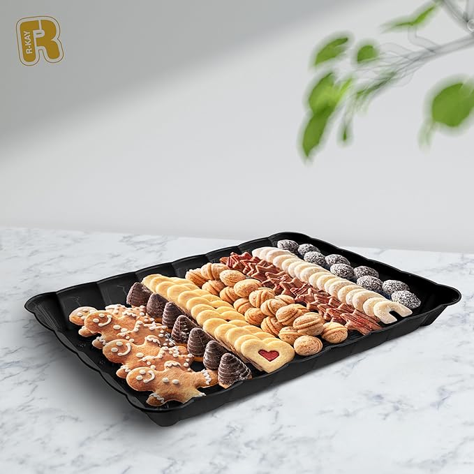 6 Pack Black Plastic Serving Trays - 9 x 13 Party Serving Trays and Platters - Black Serving Tray - Serving Platter Tray for Party
