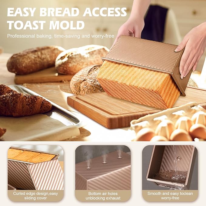 Pullman Loaf Pan with Lid, Non-Stick Carbon Steel Bread Pan for Homemade Sandwich & Sourdough Bread, 1lb Dough Capacity, Corrugated Toast Box Mold, Gold