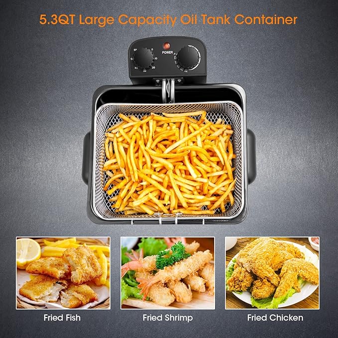 Giantex 1700W Electric Deep Fryer with 3 Baskets, 5.3QT/21-Cup Frier Cookers Home Fryer, Large Oil Container, Lid with View Window, Adjustable Temperature and Timer, Family Kitchen Restaurant Use
