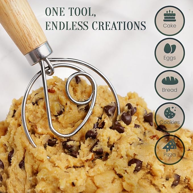 13-Inch Danish Dough Whisk, Wooden Handle with Stainless Steel Single Loop Dough Hook, Dough Whisk for Sourdough, Pizza, Cake Batter