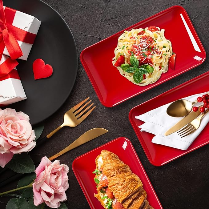 DELLING 12 Inch Rectangular Serving Platter Set of 3, Red Porcelain Serving Plates, Appetizer Salad Dessert Trays for Party, Christmas Valentine's Day Entertaining, Microwave Dishwasher Oven Safe
