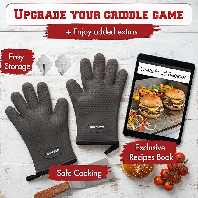 KITCHEN PERFECTION XL Silicone Oven & Griddle Gloves -Extreme Heat Resistant BBQ & Grilling Gloves -Handle Hot Food Right on Your Griddle |Waterproof Oven Mitts Grill Gloves |Superior Set+3 Bonuses