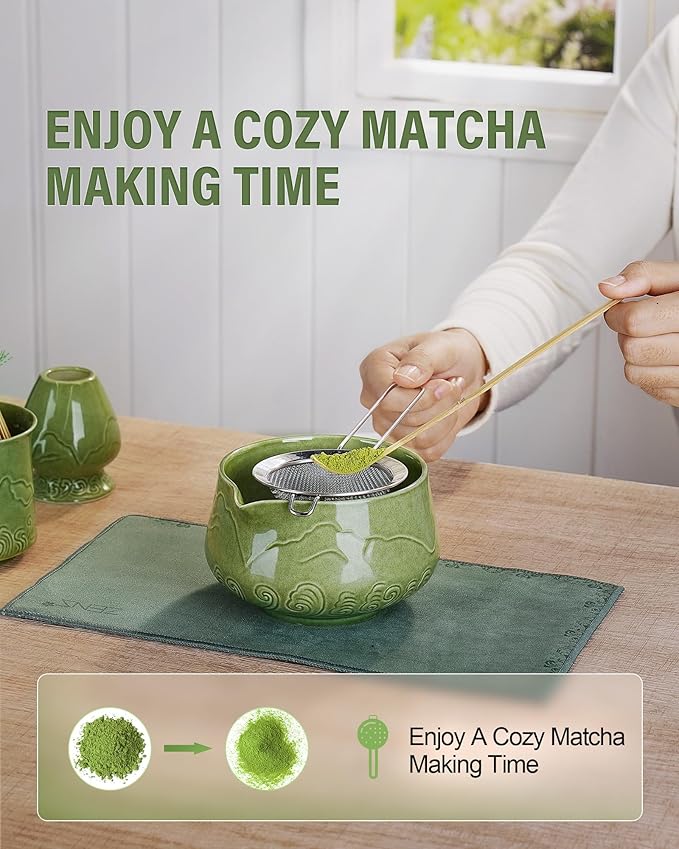 ZENS Matcha Whisk Set, 17oz Ceramic Matcha Set Includes Matcha Bowl and Matcha Cup, Bamboo Whisk & Chasen Holder, Sifter, Scoop & Tea Towel, 7pcs Matcha Kit for Matcha Latte, Emerald Green