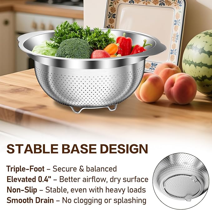3.5QT Colander with Bowl, Rice Strainer, Stainless Steel Mixing Bowls with Strainer, Pasta Strainer, Colander for Kitchen for Rice Pasta Fruits Vegetables, Rice Cleaner Strainer, Dishwasher Safe