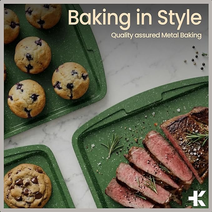 BAKKEN Kitchen Baking Pan Set - Nonstick Green Marble Coating, Commercial Grade Carbon Steel Bakeware Sets, Baking Kitchen Essentials, PFOA, PFOS, PTFE Free, Oven Safe Tray (Up To 450° F), Set of 6