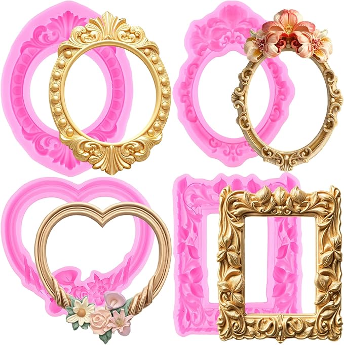 Mujiang Photo Frame Fondant Mold Picture Frame Silicone Mold Vintage Frame Molds for Cake Decorating Cupcake Topper Chocolate Candy Polymer Clay Set Of 4