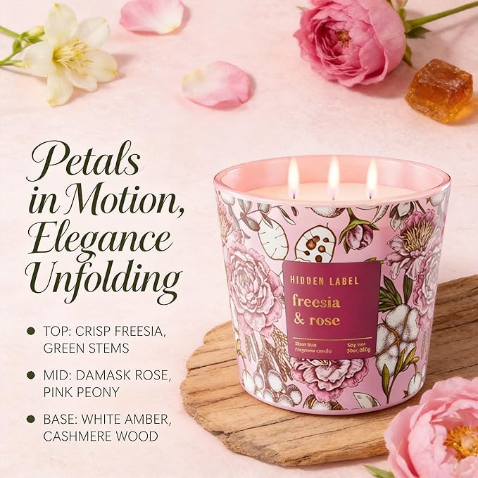 Freesia Rose Scented Candle, 30oz 3-Wick Natural Soy Wax, Up to 100 Hours Long-Lasting Clean Burn, Non Toxic Large Jar Aromatherapy Candle, Freesia Rose, Gifts for Women