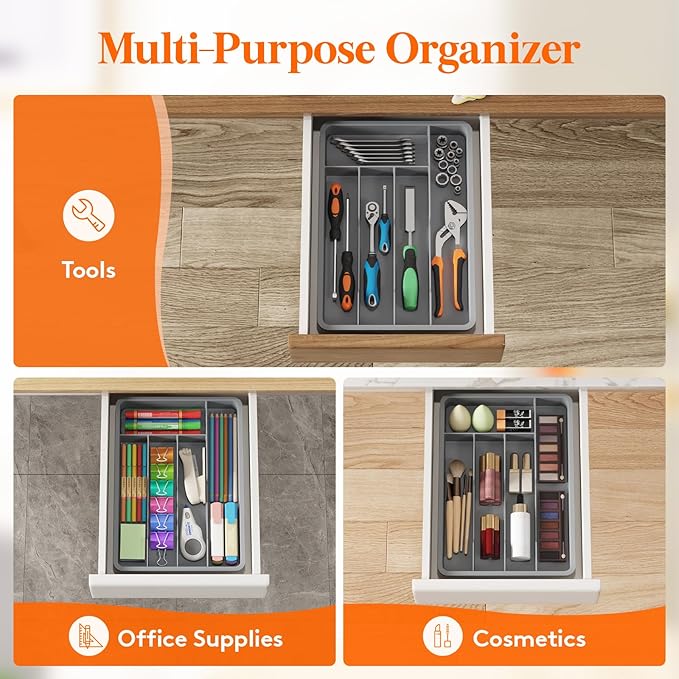 Lifewit Silverware Drawer Organizer Tray, Plastic Cutlery Storage for Kitchen, Flatware and Utensil Holder Divider for Spoons Forks Knives Tableware, 9.5 x 13.4", 5 Slots, Gray