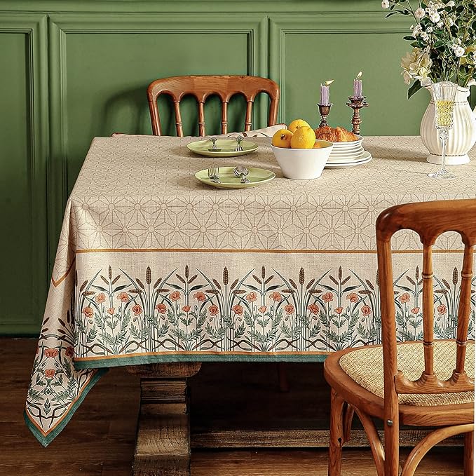 patdrea Designer French Light Brown Long Rectangle Table Cloth,Linen Floral Durable Breathable Tablecloth,Decorative for Kitchen Dining,Parties,Tea Party,Christmas,Thanksgiving,63"x102"-Cudillero