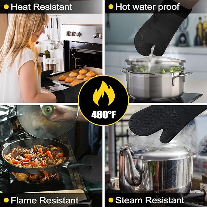 8PCS Oven Mitts and Pot Holders Sets - 480°F Heat Resistant Pot Holders and Oven Mitts, 14.5" Extra Long Silicone Oven Mitts for Cooking, Non-Slip Oven Mitt with Soft Cotton Lining, Black