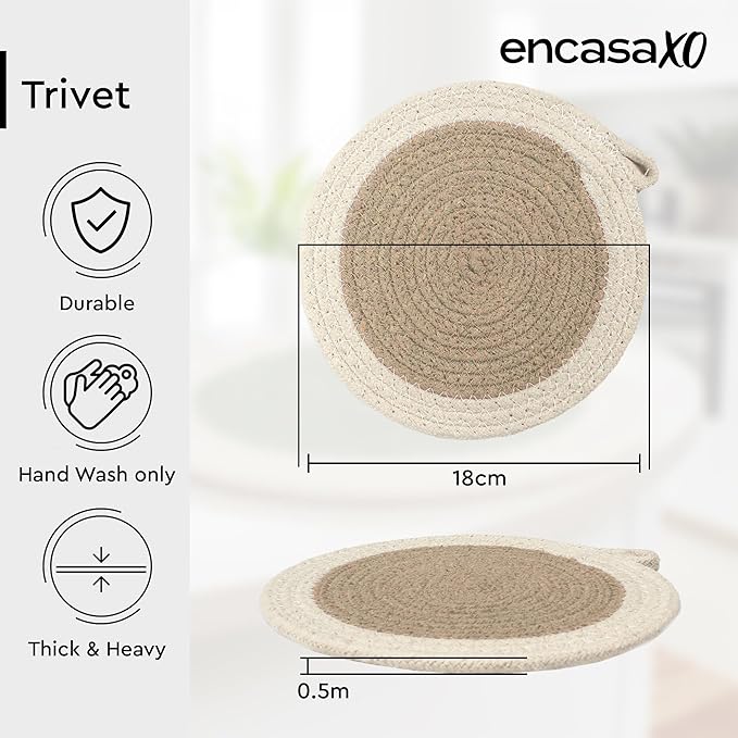 Encasa XO Round Trivet Mats For Hot Dishes with Hanging Loop | Beige Combo - Set of 6 with 7 inch Diameter | Cotton Round Thick Heat Resistant Pot Holders | Use Hot Pads Plate Mats For Hot Pots & Pans