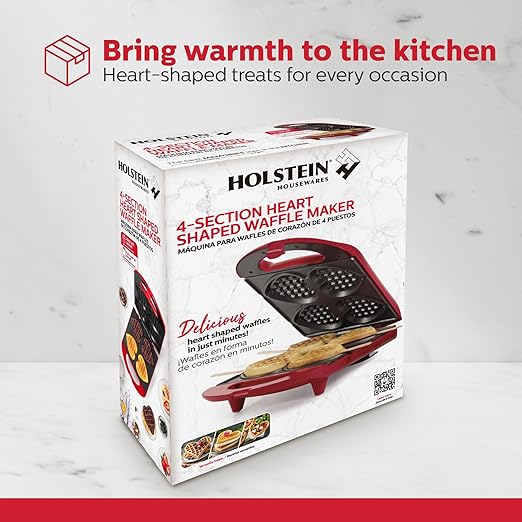 Holstein Housewares 4-Section Heart Shaped Waffle Maker, Non-Stick Waffle Iron, Mini Waffle Maker for Kids, Non-Toxic Coating, Easy to Clean, Makes 4 Heart-Shaped Waffles in Minutes, Red