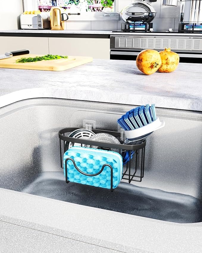 HapiRm Multifunctional Sponge Holder with Unique M-Shaped, 2 Installation Methods Kitchen Sink Caddy Organizer, Rustproof Stainless Steel Sponge Caddy for Brush, Sink Stopper and Scraper -Black