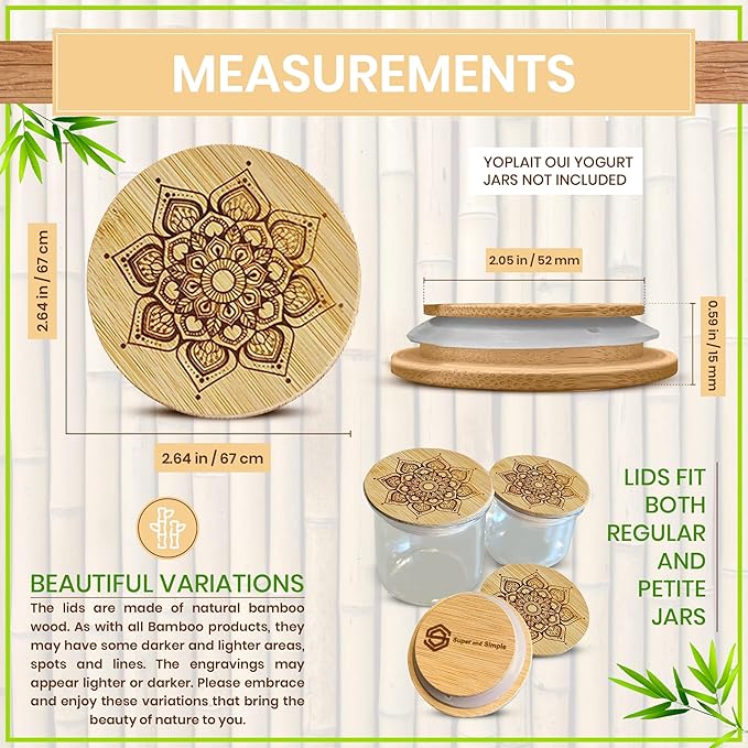 Oui Yogurt Jar Lids Bamboo Mandala – 24-Pack Airtight Bamboo Lids for Oui Glass Jars – Fits Regular & Petite Yogurt Jars – Reusable Jar Tops with Labels & Storage Bag