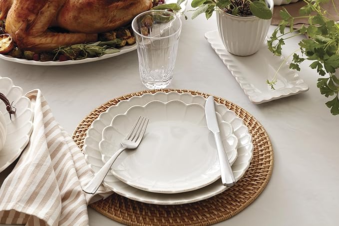 Lenox Stoneware Dinnerware Sets, French Perle Scallop White 12-Piece Dinnerware Set for 4, Service For 4, Dishwasher Safe Dishware, Dishes Set, Stoneware Dinner Plates and Bowls Sets (White, 12 Piece)