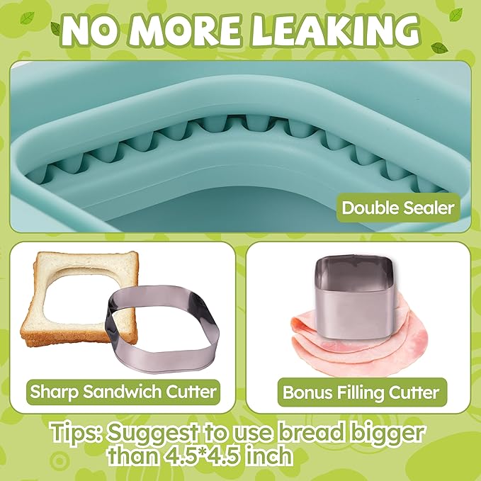 LEPCY Uncrustables Sandwich Maker Sealer Cutter, Crustless Sandwich Cutter, PB&J Uncrustable Maker - Color Turquoise, Square Shape