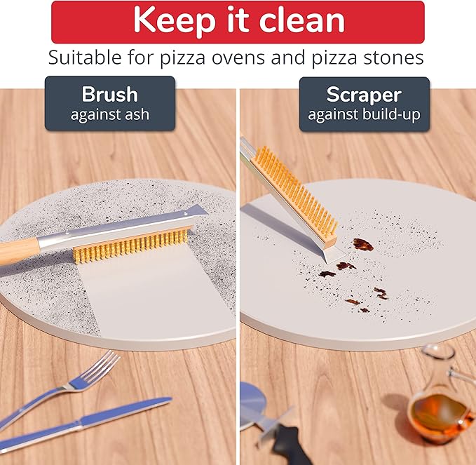 Senwosa 22” Pizza Oven Brush with Stone Scraper - Heat Resistant Stainless Steel Bristles, Long Handle - Compatible with Ooni, Gozney & Similar Ovens