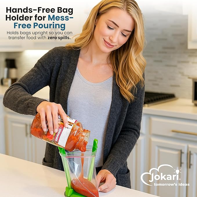 Original Jokari Adjustable Baggy Rack Stand 1 Pack. Prop Plastic Ziploc Freezer Storage Bags Open Hands-Free To Pour Leftovers, Snacks and Meal Prep Ingredients With No Food Spills or Kitchen Mess.