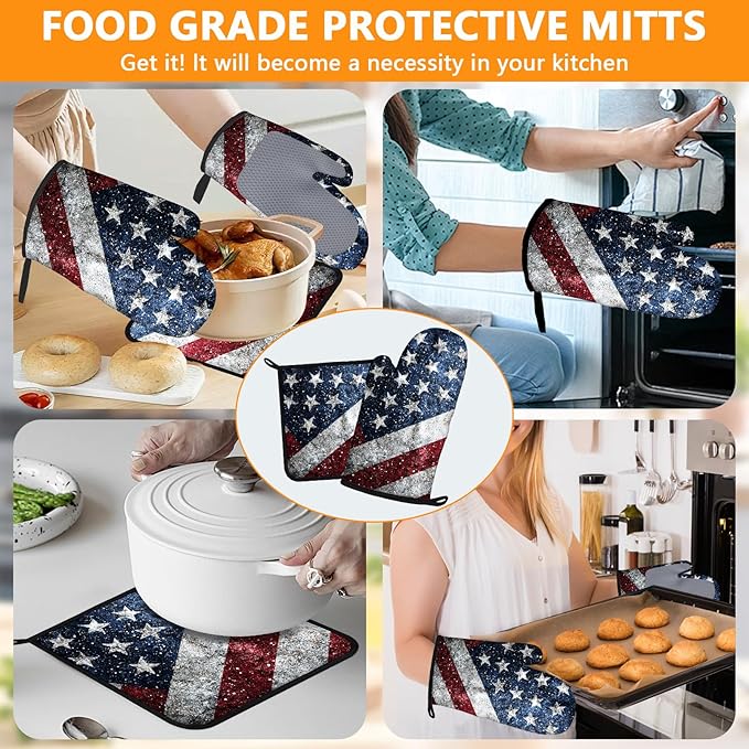 American Flag Oven Mitts and Pot Holders Sets 4Pcs Silicone Non-Slip Mitts Heat Resistant Gloves Hot Pads for Kitchen Cooking Baking Grilling BBQ
