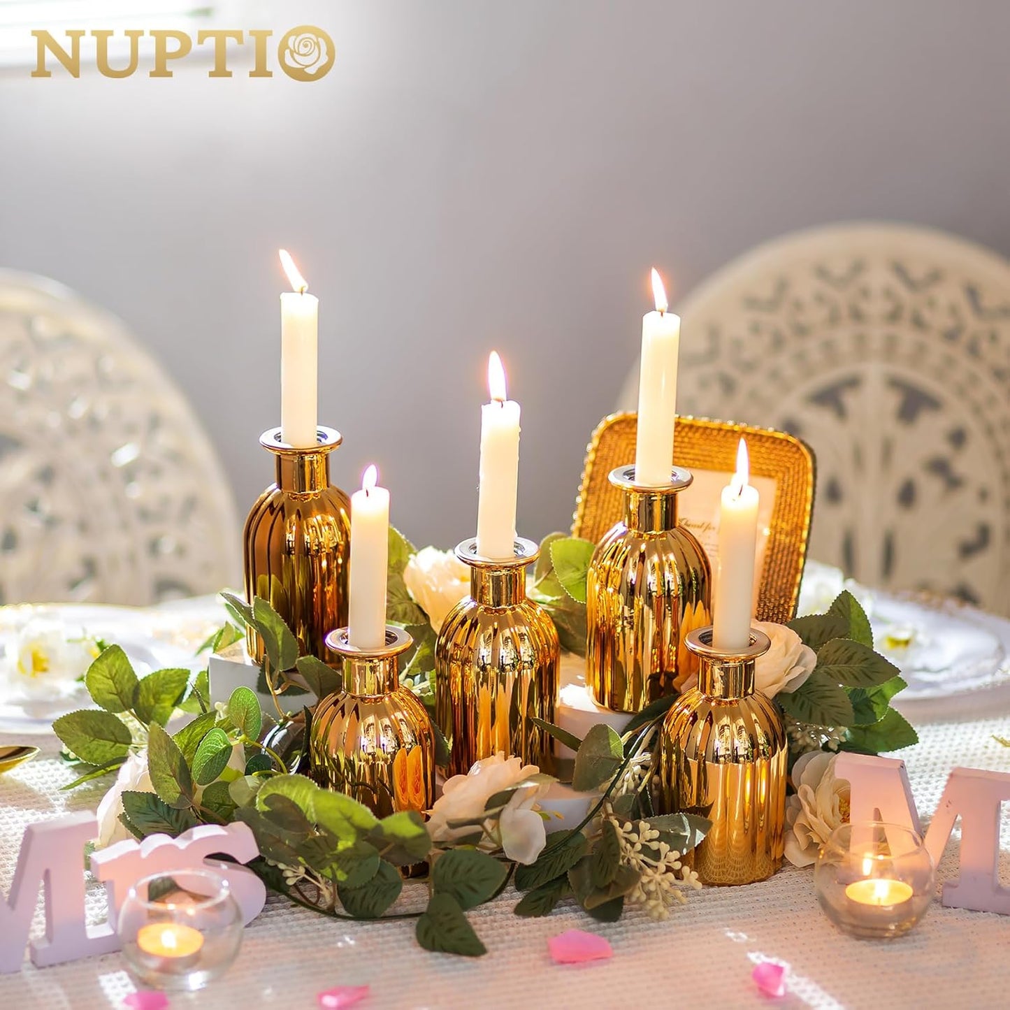 NUPTIO Bud Vases Glass Gold: 6 Pcs Small Vase Set in Bulk for Flowers - Mini Vintage Flower Bottle Single Assorted Vases for Wedding Table Centerpieces