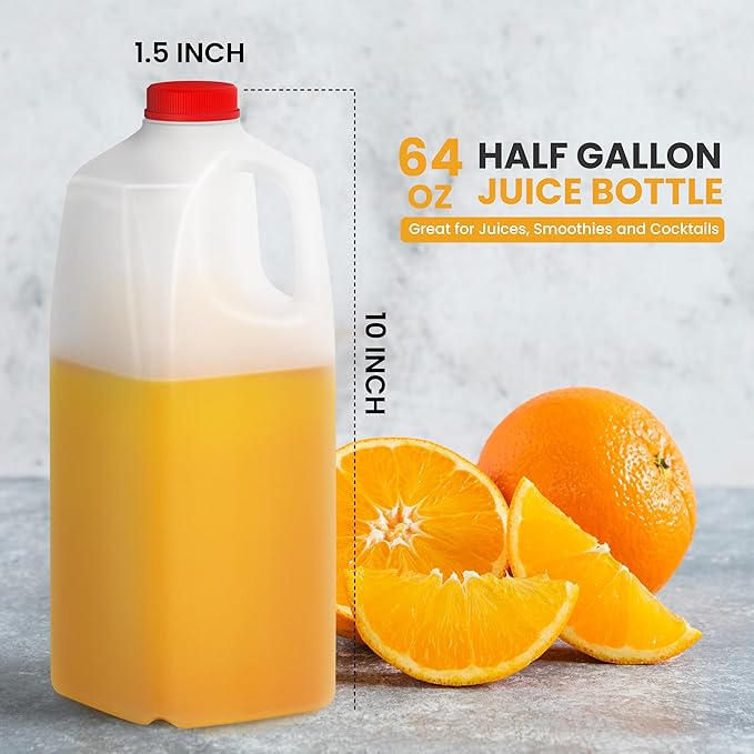 KitchenDine Plastic Milk Bottles, 64 Oz HDPE Material, Juice Bottle with Red Tamper-Evident Caps, Set of 3, Clear bottle with Red cover - half gallon jug