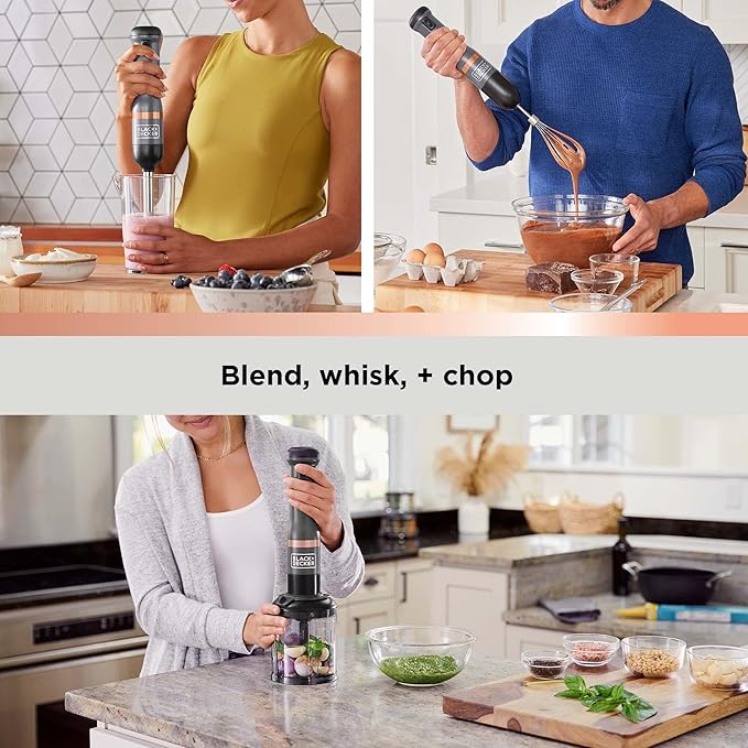BLACK+DECKER Kitchen Wand Cordless Immersion Blender, 3 in 1 Multi Tool Set, Hand Blender with Charging Dock, Whisk, and Chopper, Grey (BCKM1013K01)