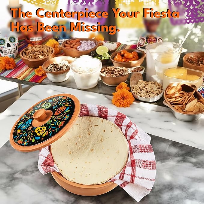 Sugar Skull Tortilla Warmer Day of the Dead - Authentic Terracotta Tortilla Holder with Warmer Cloth, Mexican Día de Muertos Calavera Tortillero, Clay Bread Warmer for Roti Pancake Naan