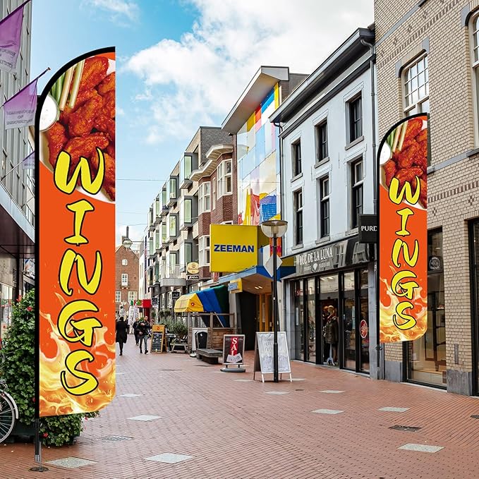 HunnmingRe Wings Street Advertising Swooper Flag Banner 15ft Feather Flag with Pole and Ground Stake Advertising Feather Banner Sign for Restaurant Business Outside Ground