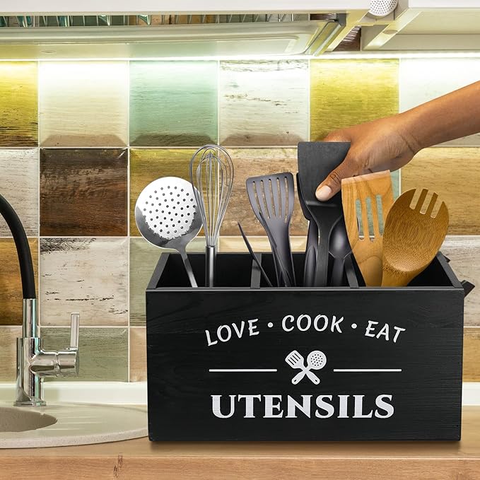MINCORD Kitchen Utensil Holder with 3 Compartments, Rustic Wooden Storage Organizer Box Vintage Cutlery Farmhouse Flatware Utensil Caddy Countertop for Silverware Fork Spoon Spatula