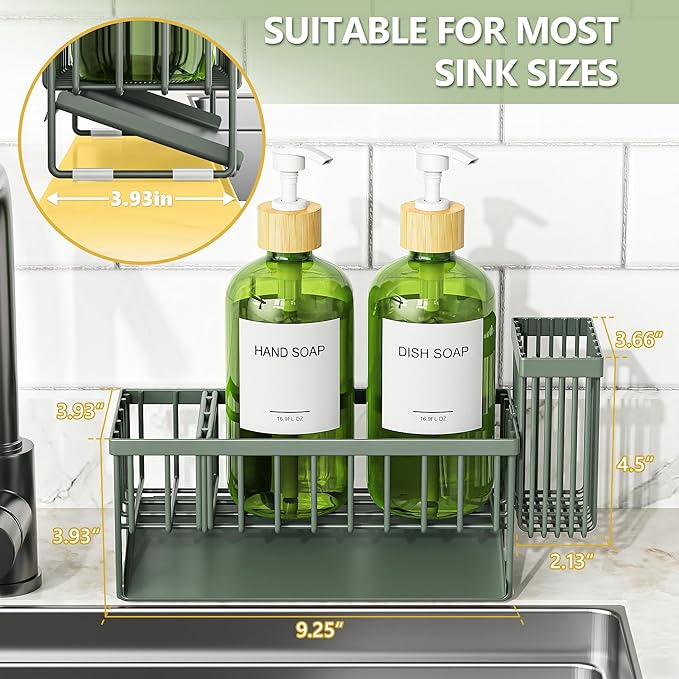 Cisily Sage Green Kitchen Dish Soap Dispenser, 16 fl Oz Dual Kitchen Soap Dispensers with Sponge Holder, Customized Stainless Steel Kitchen Soap Dispenser Set, Modern Hand and Dish Soap Bottle Set