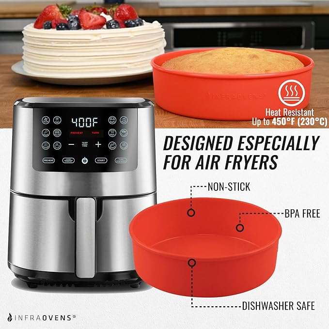 Air Fryer Silicone Baking Set, 8.5” Cake Pan, Muffin Cups, Scraper & Cheat Sheet – Non-Stick, BPA-Free Bakeware for Instant Vortex, Cosori, Ninja, Chefman & More by INFRAOVENS