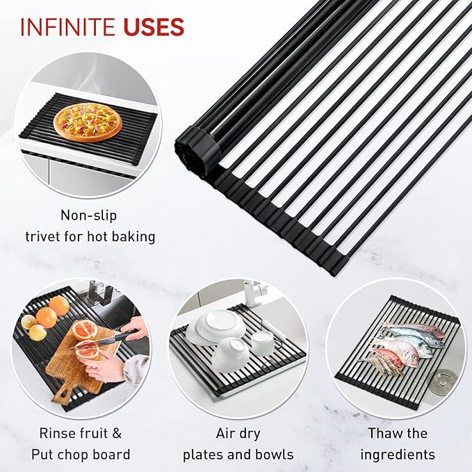 MERRYBOX Roll Up Dish Drying Rack, Silicone Wrapped Over The Sink Dish Rack Foldable Dish Drainer Anti-Slip Dish Racks for Kitchen Counter, Multipurpose Kitchen Sink Drying Rack, 18" x 13", Black