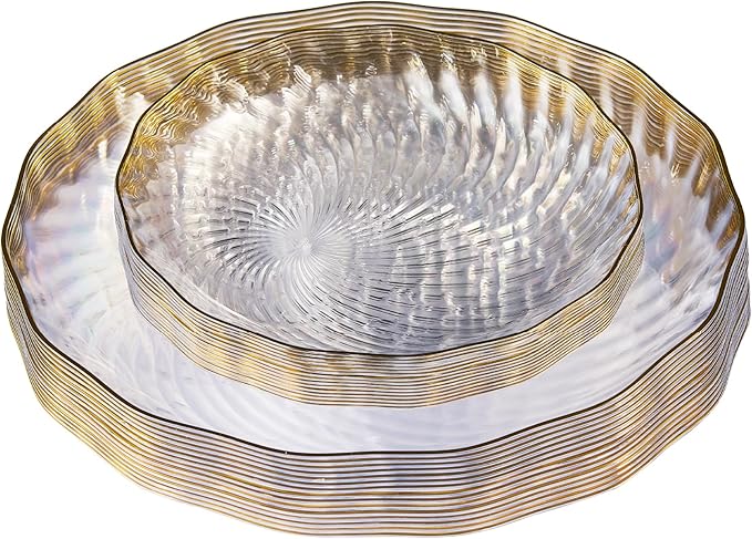 PLASTICPRO 60 Pack Plastic Plates Set of 30-10 inch Plates and 30-7 inch Plate, Elegant Clear Spiral and Gold Rim Disposable Fancy Premium Heavyweight
