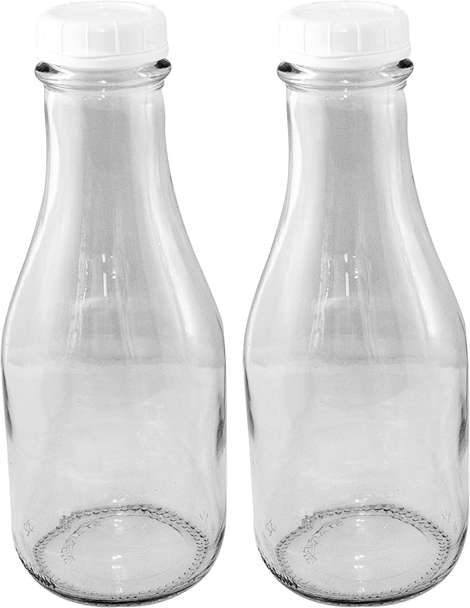 The Dairy Shoppe Glass Milk Bottle, Heavy Glass with Extra Lid, Creamery Style (2, Round Quart)