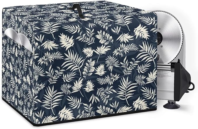 Meat Slicer Cover with Side Pockets for Home Use Dust-proof Food Slicers Meat Slicer Protection Case for Recipe Stainless Steel Blade, Brush, Kitchen Decor, Retro Palm Leaf Pattern Print
