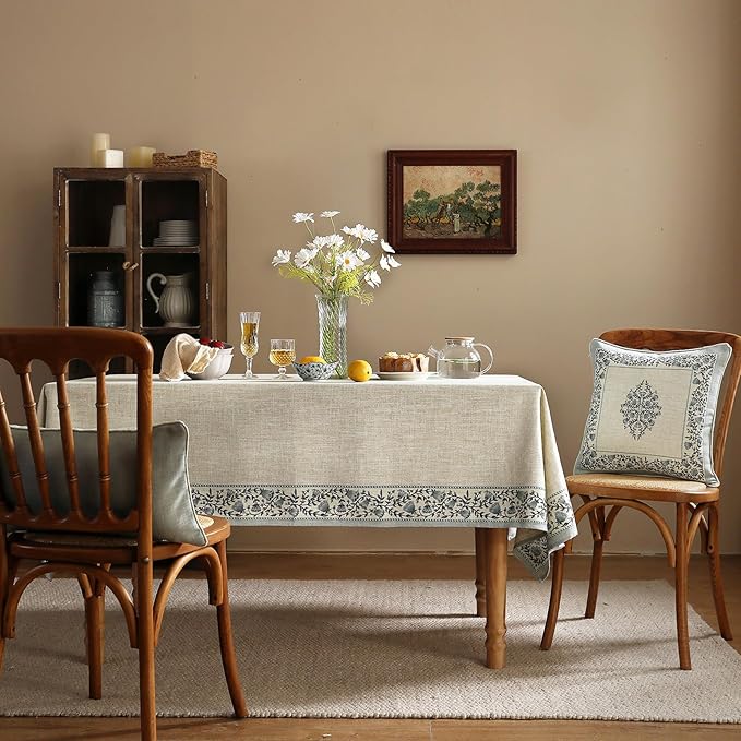ISAENNE Designer Vintage Linen Elegant Square Table Cloth,Chinoiserie Floral Tablecloth,Wrinkle Resistant Decor Table Cover for Dining Thanksgiving Kitchen Christmas,67"*67"-Segerman B