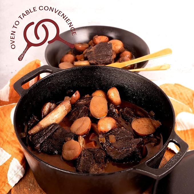 Cuisinel Cast Iron Dutch Oven - 5-Quart Deep Pot + Lid + Pan Scraper + Handle Cover Grips - Large Pre-Seasoned Cooker for Baking Bread, Soup, Frying - Indoor/Outdoor Kitchen, Camping, Fire, BBQ Safe