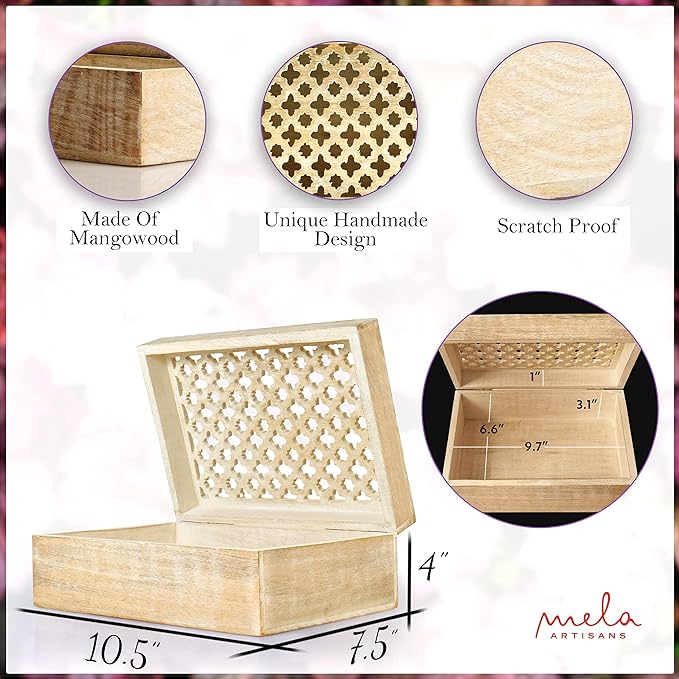 Mela Artisans Extra Large Wooden Keepsake Box | Whitewash Memory & Handcrafted Decorative Storage Chest for Jewelry, Photos & Trinkets | Vintage Style storage Box | Trellis Design | 10.5 x 7.5 x 4