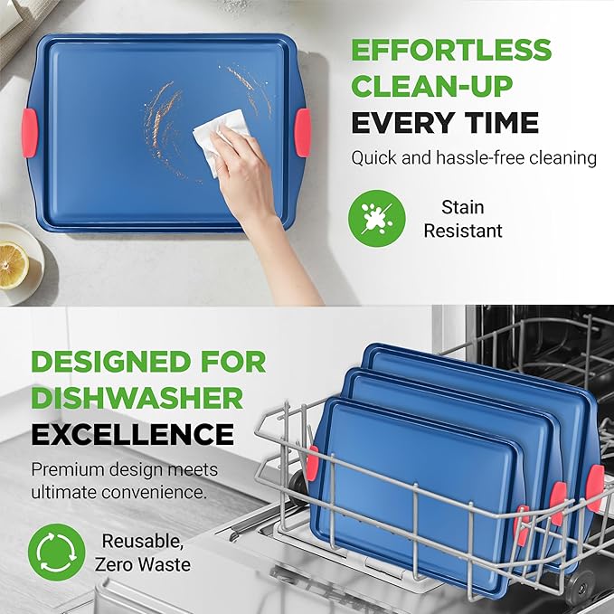 NutriChef 3-Piece Nonstick Cookie Sheets for Baking - Premium Carbon Steel Baking Trays w/ Non-Stick Smooth Coating & Silicone Handles - Large, Medium, & Small Bakeware - Blue