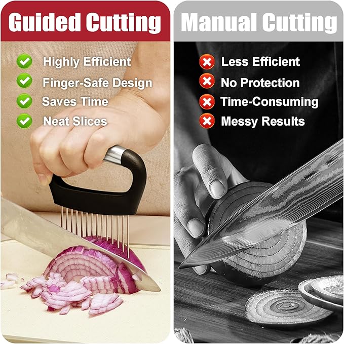 Onion Slicer with Protective Cover - Stainless Steel Cutter for Slicing Tomatoes, Potatoes, Avocados - Multiuse Vegetable Chopper and Meat Tenderizer