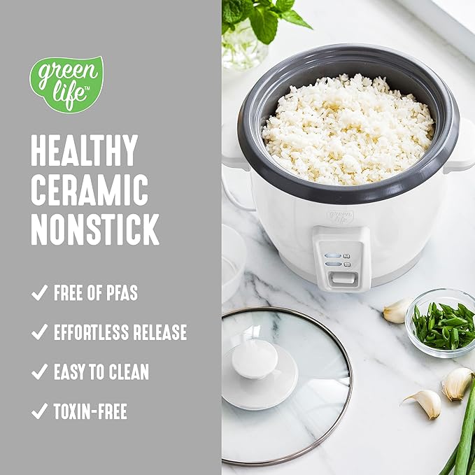 GreenLife Rice Cooker with Removable PFAS-Free Ceramic Nonstick Pot, 3-Cups Uncooked/6-Cups Cooked, Grains & Oatmeal Multicooker, Compact One-Switch Design, Auto Keep Warm, Easy Clean, White