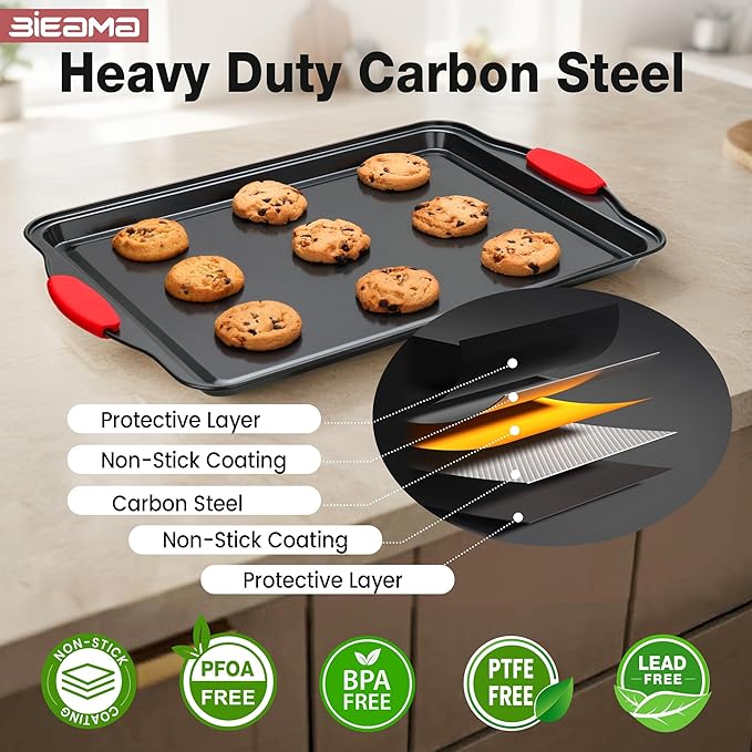 BIEAMA 13-Piece Baking Pans Sets, Nonstick Bakeware Sets, BPA-Free Carbon Steel Stackable, Cookie Sheet, Cake, Loaf, Pizza & Muffin Pan, Grey