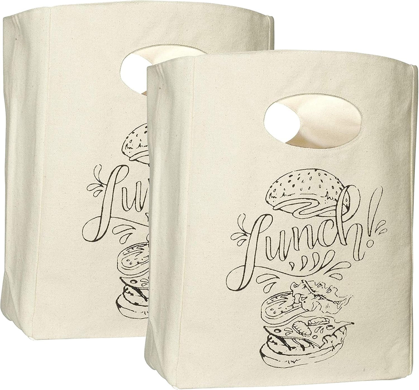 Organic Cotton Canvas Lunch Bag - Eco Friendly & Machine Washable | Perfect for Men, Women & Kids - Easy to Clean Water Resistant (White with Black Print - 2 Pack)