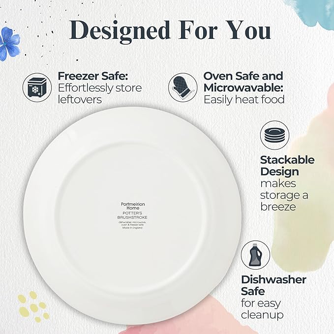 Portmeirion Potter's Brushstroke 8" Dinner Plate (Set of 4) - Handcrafted Earthenware Plates with Accent Rim, Microwave & Dishwasher Safe - Ideal Tableware for Modern & Traditional Dining (Grey)