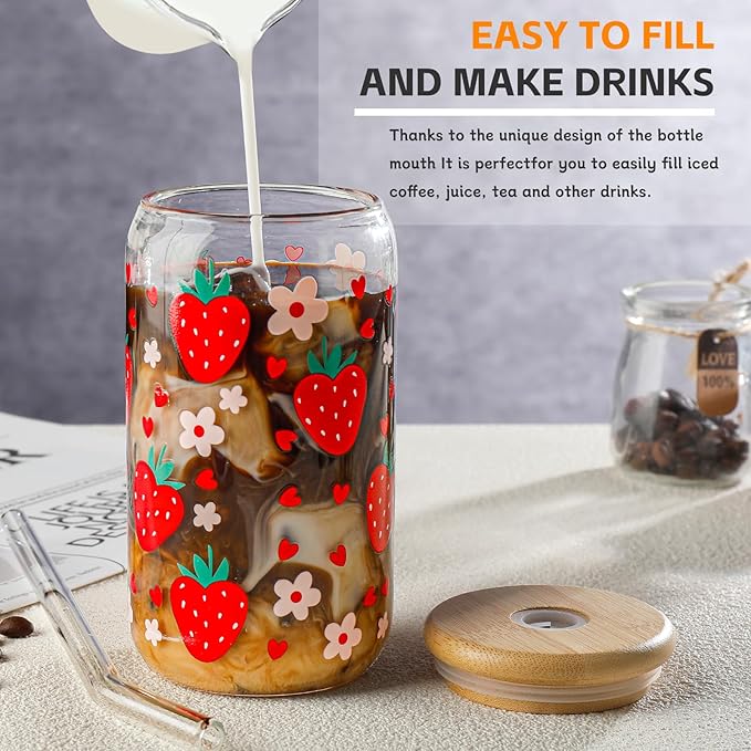Glass Cups with Lids and Straws with Design Strawberry 4 pcs,Clear Glass Cups 16 oz-DWTS Drinking Glasses Set,Glass Tumbler,Cute Design Glass Iced Coffee Cups with Lids and Straws